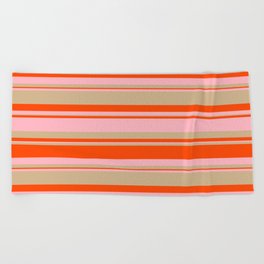 [ Thumbnail: Red, Light Pink, and Tan Colored Lined/Striped Pattern Beach Towel ]