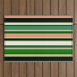 [ Thumbnail: Eye-catching Sea Green, Dark Salmon, Beige, Green, and Black Colored Lined Pattern Outdoor Rug ]