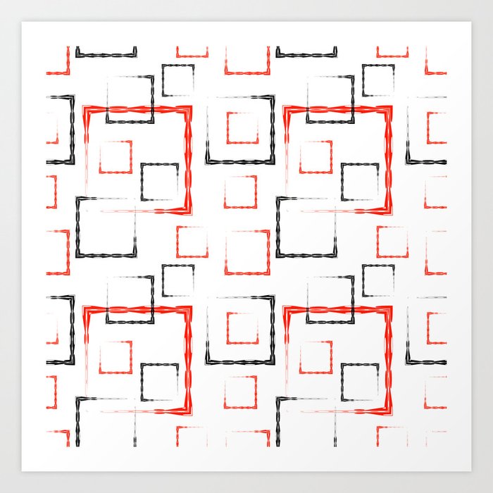Red And Black Carved Squares And Frames For An Abstract White