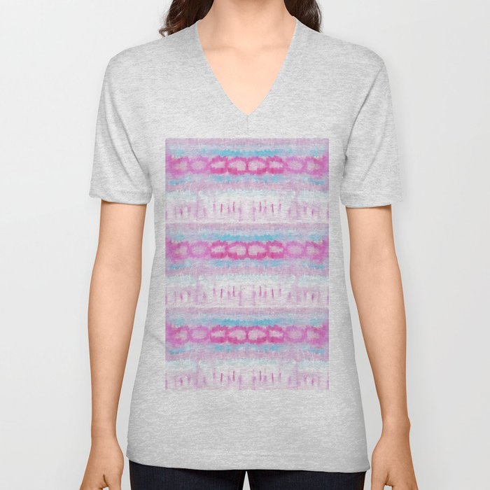 Bohemian Pink and Blue Abstract Tie Dye Pattern V Neck T Shirt