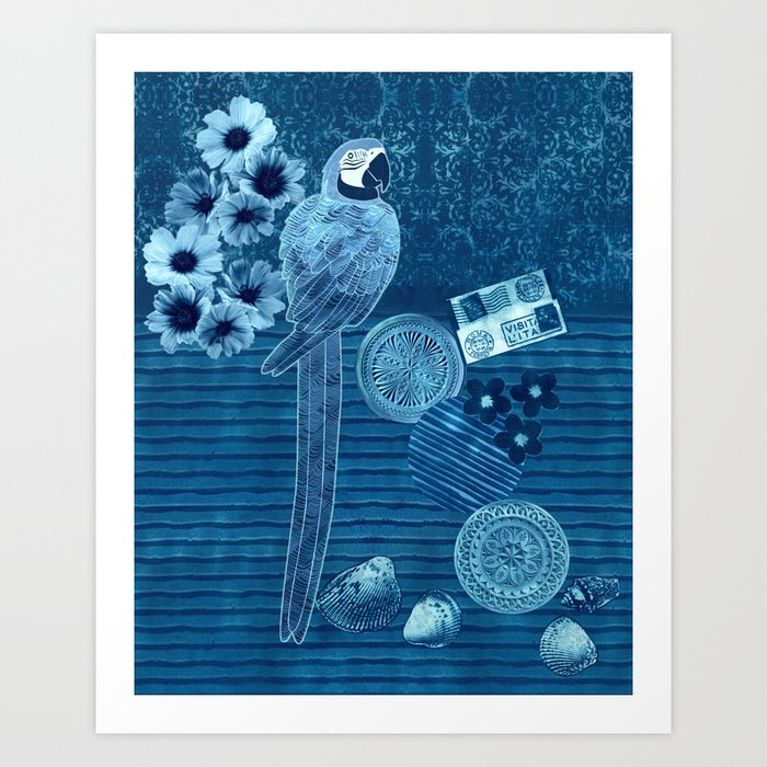 Macaw Parrot Bay Cyanotype Collage Art Print