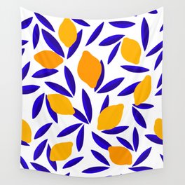 Blue and yellow Lemon Summery Pattern Wall Tapestry
