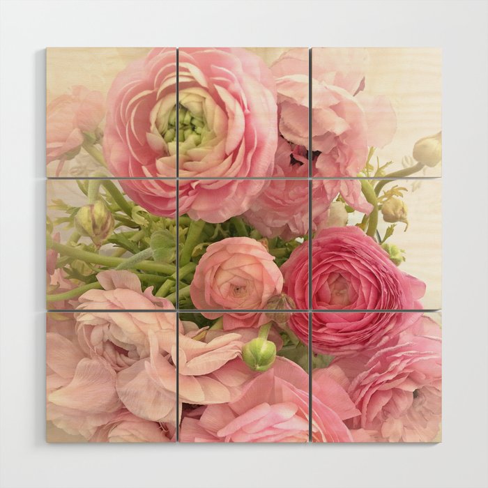 Shabby Chic Cottage Ranunculus Peonies Roses Floral Print & Home Decor Wood Wall Art