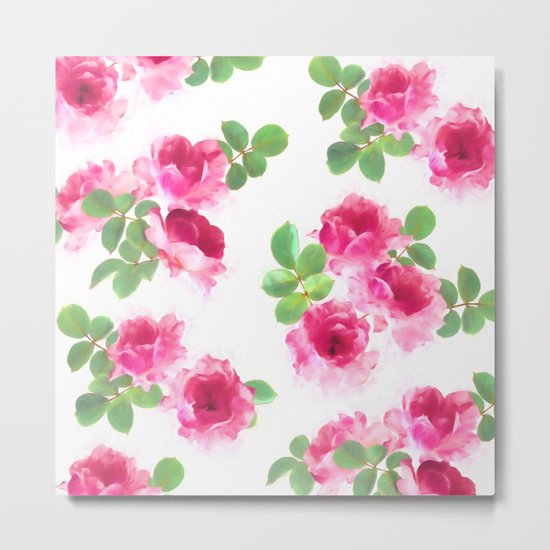 Raspberry Pink Painted Roses on White Metal Print