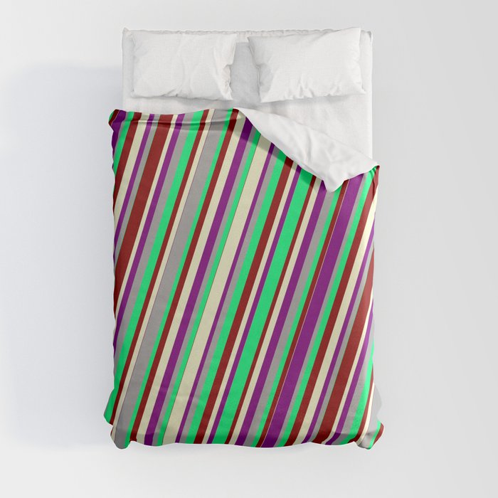 Colorful Dark Gray, Green, Dark Red, Light Yellow, and Purple Colored Lined/Striped Pattern Duvet Cover