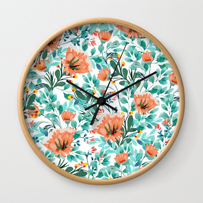 Tangerine Dreams, Orange & Mint Botanical Jungle Watercolor Painting, Colorful Plants Floral Summer Wall Clock