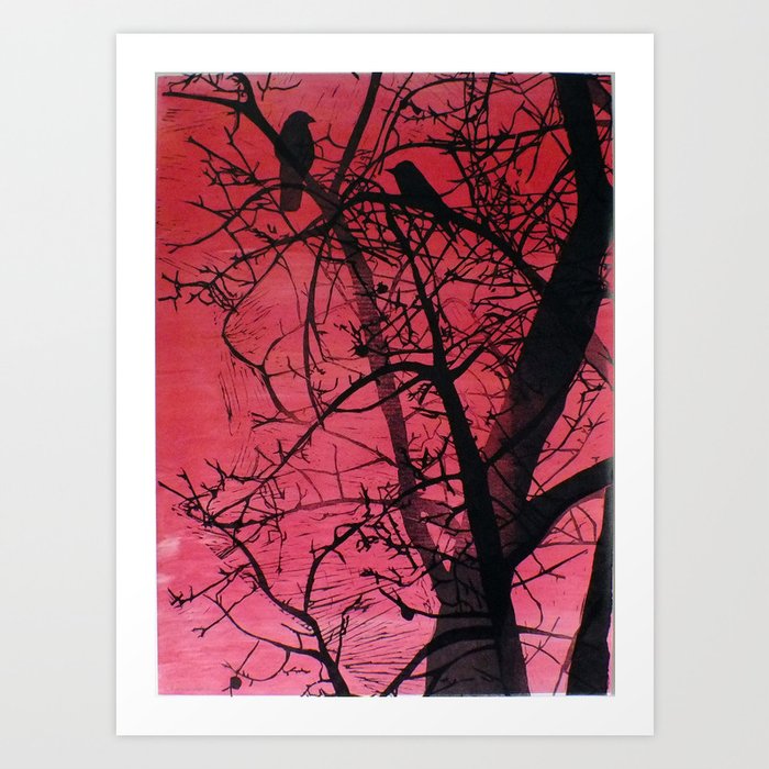 Birds in The Old Apple Tree - pink background Art Print