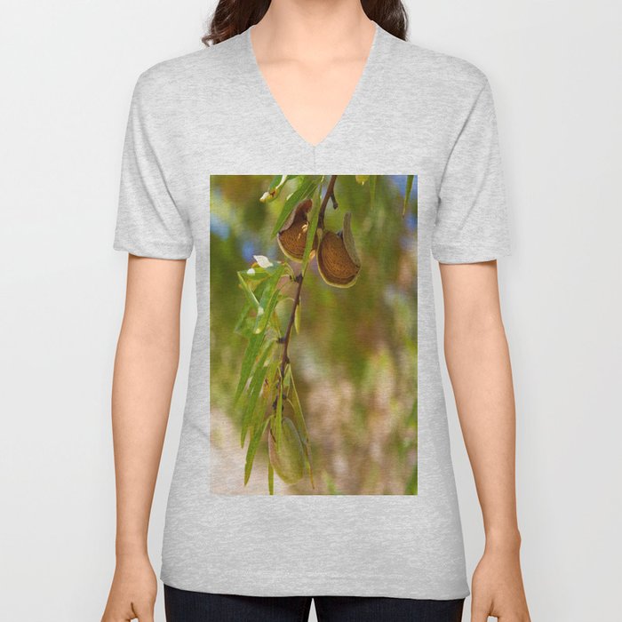 Almond Harvest - Ripe Almonds On A Tree Branch V Neck T Shirt