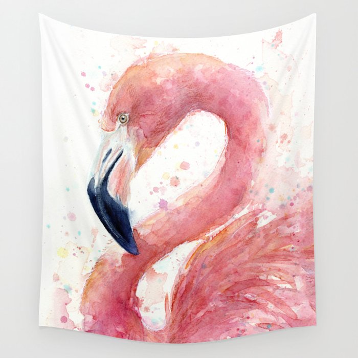 Pink Flamingo Watercolor Wall Tapestry