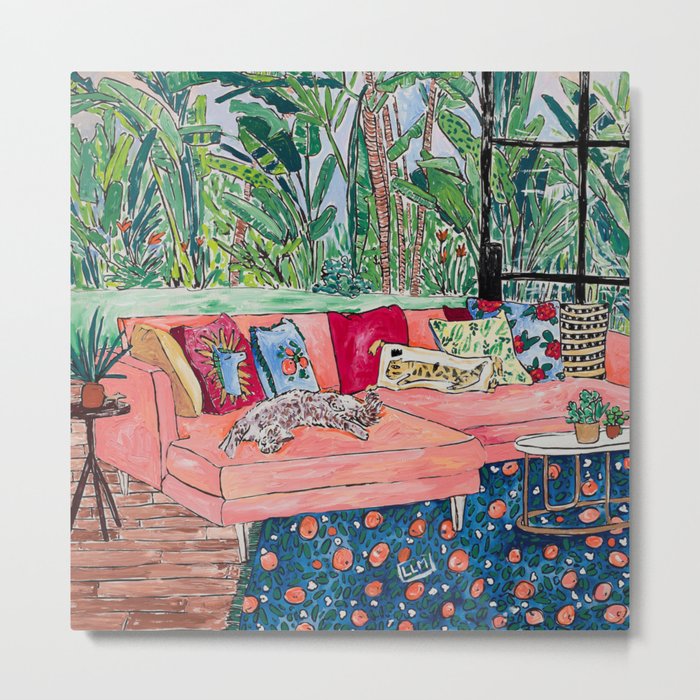 Napping Brown Tabby Cat on Pink Couch with Jungle Background Painting After Matisse Metal Print