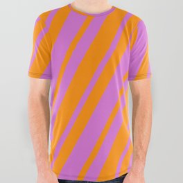 [ Thumbnail: Dark Orange & Orchid Colored Striped/Lined Pattern All Over Graphic Tee ]