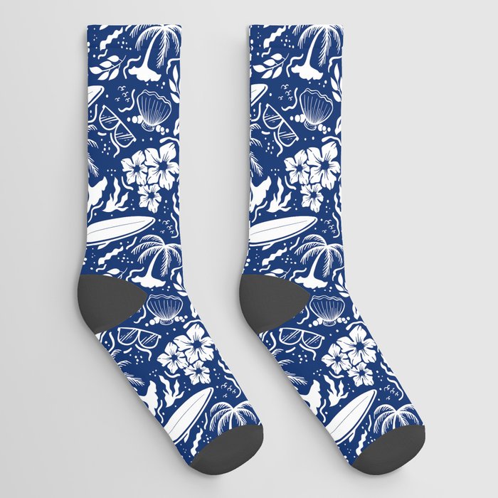 Blue and White Surfing Summer Beach Objects Seamless Pattern Socks