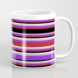 [ Thumbnail: Eyecatching Plum, Purple, Red, Black & White Colored Lines/Stripes Pattern Coffee Mug ]