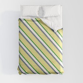 [ Thumbnail: Eye-catching Slate Gray, Tan, Forest Green, White, and Black Colored Lined Pattern Comforter ]