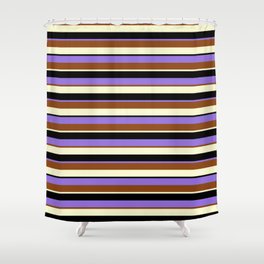 [ Thumbnail: Purple, Brown, Light Yellow & Black Colored Lines/Stripes Pattern Shower Curtain ]