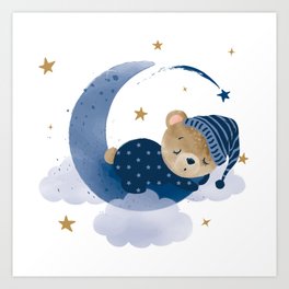 Cute bear sleeps on the moon Art Print