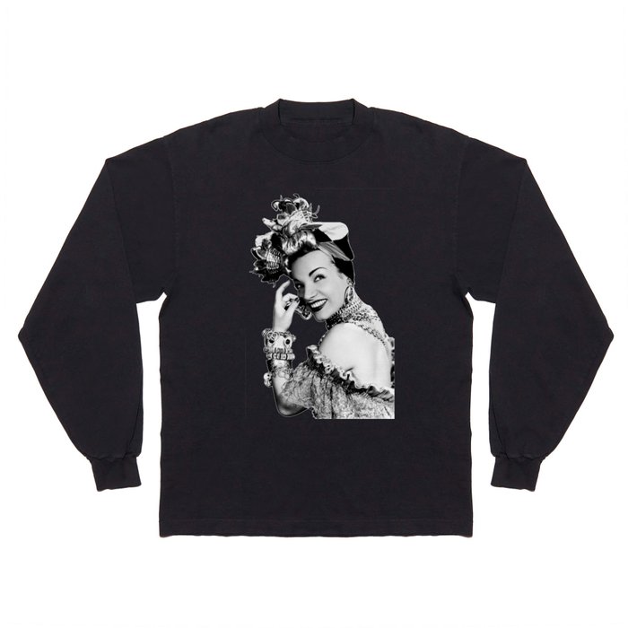 Carmen Miranda Portrait, Black and White Artwork for Wall Art, Prints, Posters, Tshirts, Bags, Men, Long Sleeve T Shirt