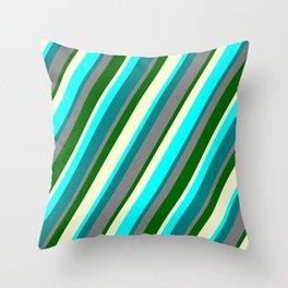 [ Thumbnail: Vibrant Gray, Dark Green, Light Yellow, Aqua, and Teal Colored Lines Pattern Throw Pillow ]