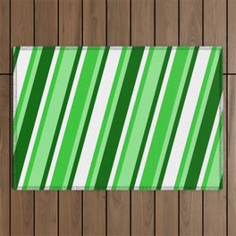 [ Thumbnail: Lime Green, Light Green, Dark Green, and White Colored Pattern of Stripes Outdoor Rug ]