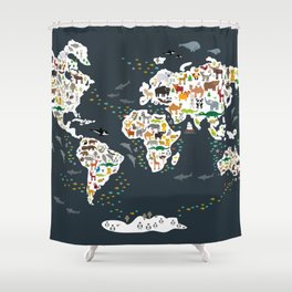Cartoon animal world map for children, kids, Animals from all over the world, back to school, gray Shower Curtain