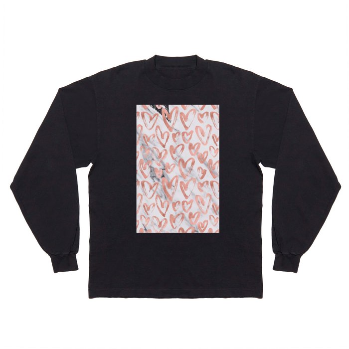 Hearts Rose Gold Marble Long Sleeve T Shirt