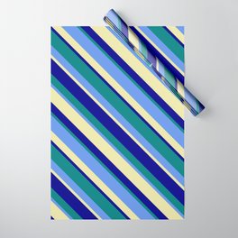[ Thumbnail: Cornflower Blue, Pale Goldenrod, Dark Blue, and Teal Colored Striped Pattern Wrapping Paper ]