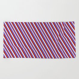 [ Thumbnail: Slate Blue, Brown & Mint Cream Colored Lines/Stripes Pattern Beach Towel ]
