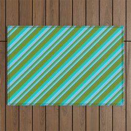 [ Thumbnail: Sky Blue, Green & Dark Turquoise Colored Striped Pattern Outdoor Rug ]