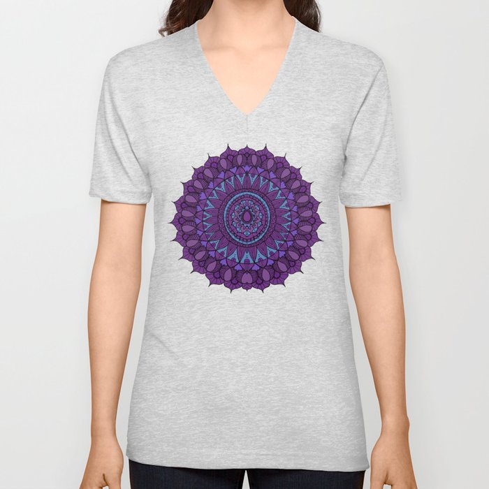 Bohemian Mandala in Plum with Turquoise V Neck T Shirt
