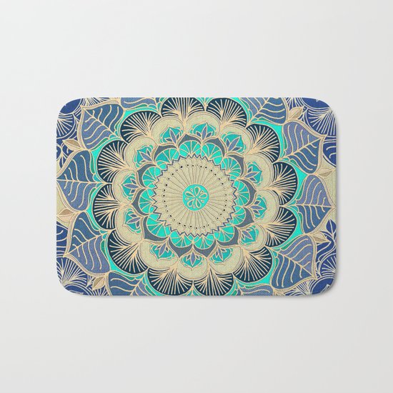 Midnight Bloom - detailed floral doodle in gold, navy blue & mint Bath Mat