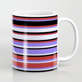 [ Thumbnail: Red, Medium Slate Blue, Lavender, and Black Colored Stripes/Lines Pattern Coffee Mug ]
