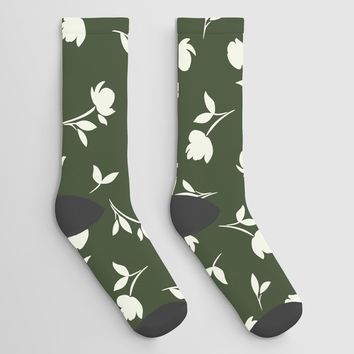 Green floral pattern with flowers silhouettes Socks