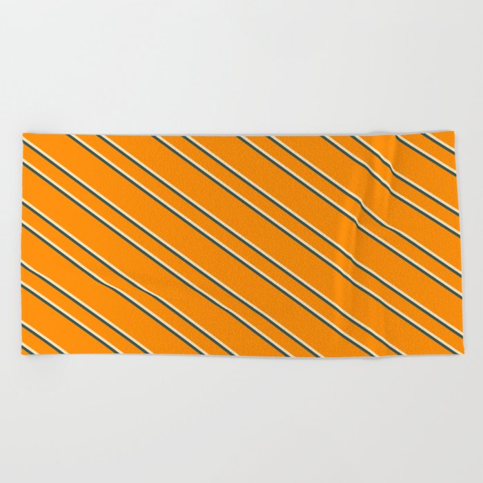 Dark Orange, Beige, and Dark Slate Gray Colored Striped Pattern Beach Towel