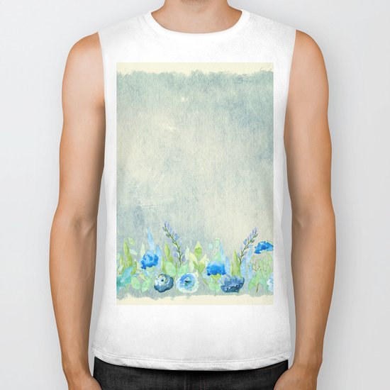 Blue flowers and roses in a meadow- Floral watercolor illustration Biker Tank
