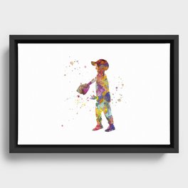 Boy plays baseball in watercolor Framed Canvas