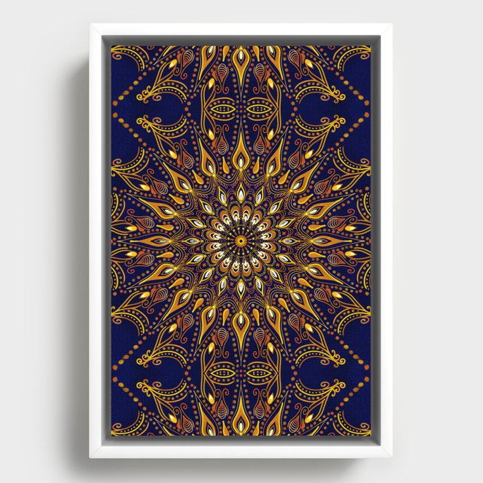 Flaming Gold Mandala on Dark Blue Framed Canvas