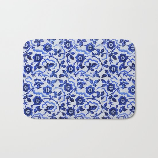 Azulejos blue floral pattern Bath Mat