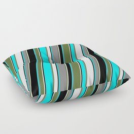 [ Thumbnail: Eyecatching Aqua, Grey, Dark Olive Green, Lavender & Black Colored Lines/Stripes Pattern Floor Pillow ]