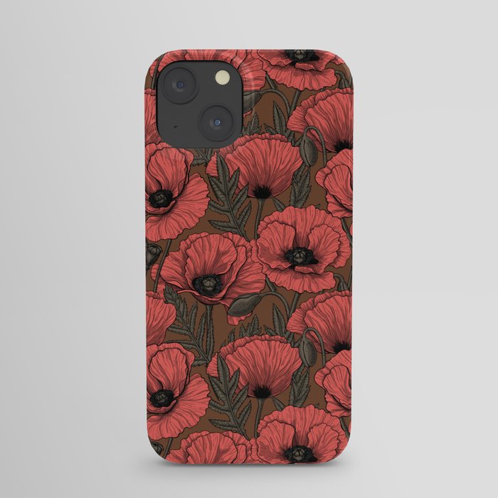 Poppy garden in coral and brown iPhone Case