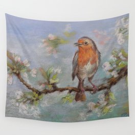 Red Robin Small bird on a blooming twig Wildlife spring scene Pastel drawing Wall Tapestry