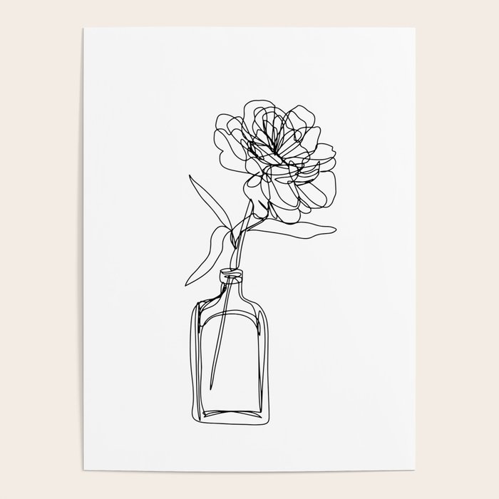 picture One Line Art Flower Vase minimal single line drawing of flower in vase black and white peony rose poster by katerina brabcova