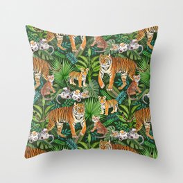 Tiger Family (Green) Throw Pillow