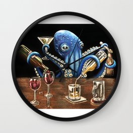"Octo Bar" - Octopus Bartender Wall Clock | Martini, Octopus, Ocean, Alcohol, Barart, Whiskey, Wine, Bartender, Beer, Colored Pencil 