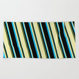 [ Thumbnail: Dark Olive Green, Pale Goldenrod, Deep Sky Blue, and Black Colored Pattern of Stripes Beach Towel ]