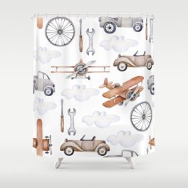 Watercolor baby pattern with retro cars and planes Shower Curtain