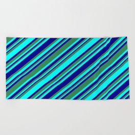 [ Thumbnail: Sea Green, Cyan, and Dark Blue Colored Lines/Stripes Pattern Beach Towel ]