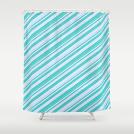 [ Thumbnail: Turquoise & Lavender Colored Lined/Striped Pattern Shower Curtain ]