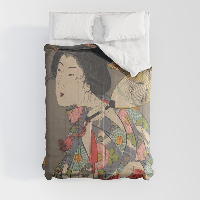 Japanese Art Print - Woman and Fireflies Comforter