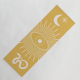 Mystic totem - yellow Yoga Mat | Mystic, Sunburst, Snake, Bohemian, Eye, Stars, Celestial, Digital, Graphicdesign, Moon 