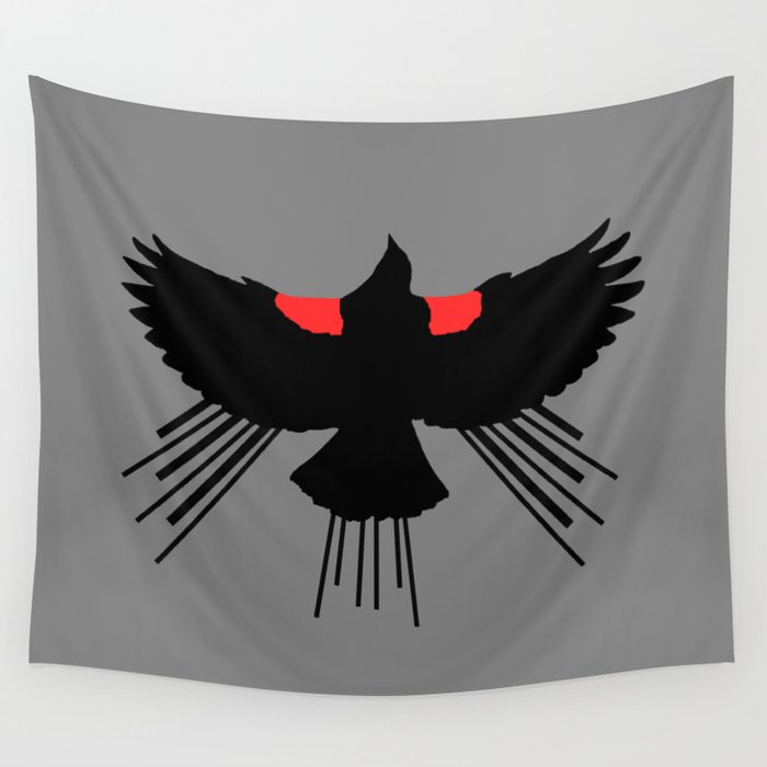 Red Winged Blackbird Grey Background  Wall Tapestry